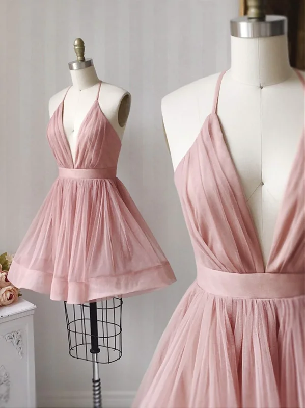 classic prom dressesA Line V Neck Short Pink Tulle Prom Dresses, Short Pink Tulle Formal Homecoming Dresses gh1621