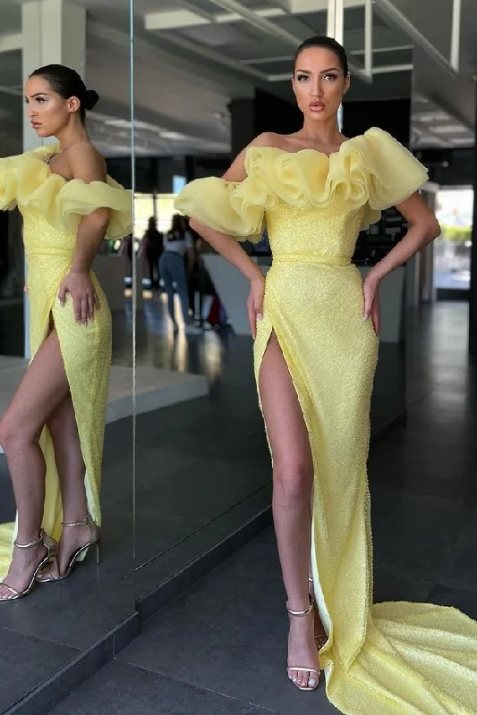 pastel prom dressesStunning Daffodil Off-the-Shoulder Mermaid Prom Dress Long Split Sequins  gh1906