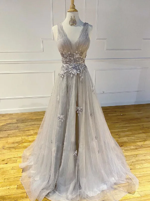 affordable prom dressesGray v neck tulle lace long prom dress gray tulle formal dress  gh2311