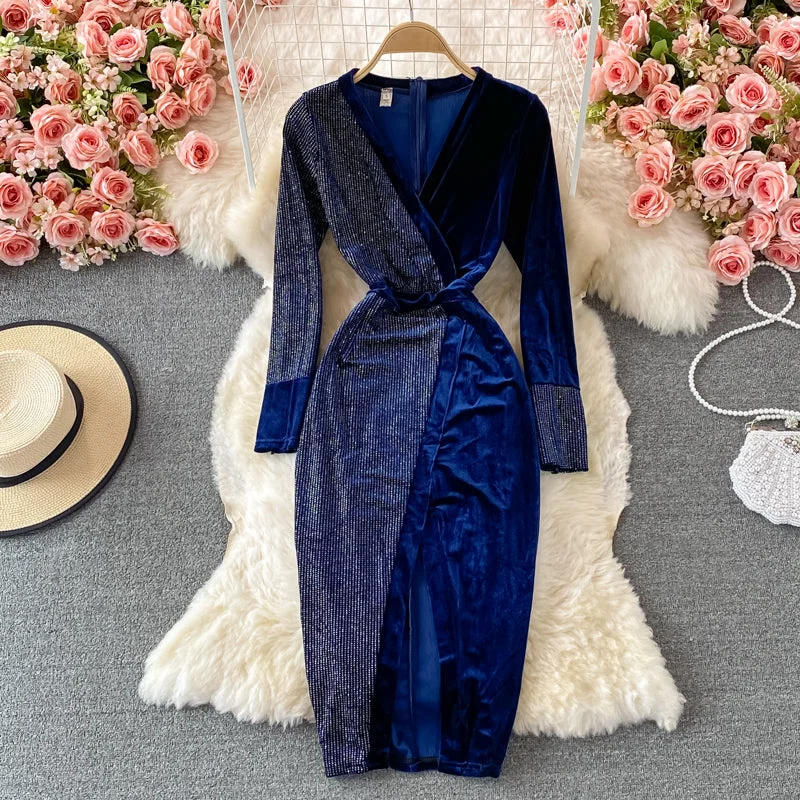 maxi dresses for summerHot drill velvet dress long skirt waist closing slim cut Hip Wrap Dress  3235