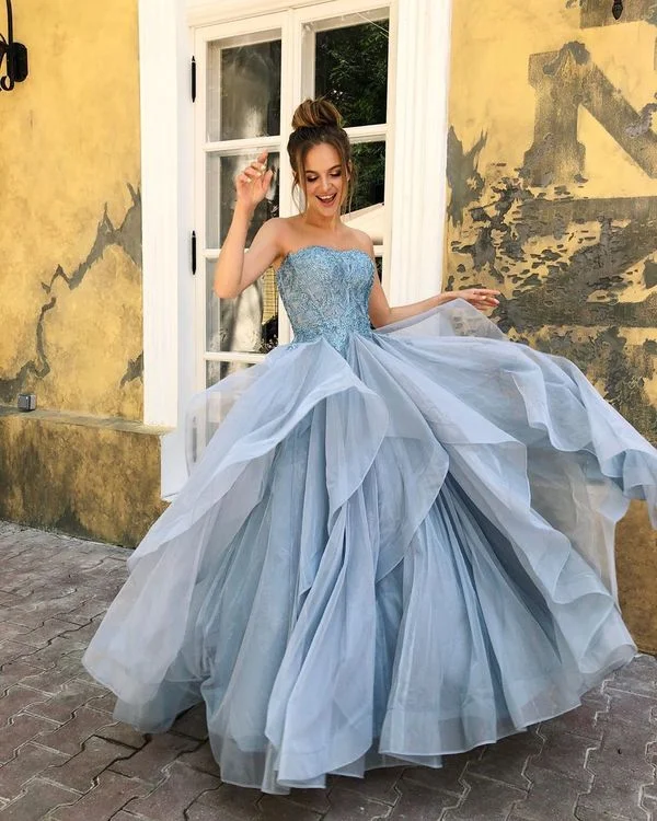 prom dresses with detachable sleevesStrapless Long A-line Blue Lace Organza Prom Dresses, Long Prom Dresses, Popular Prom Dresses  gh2222