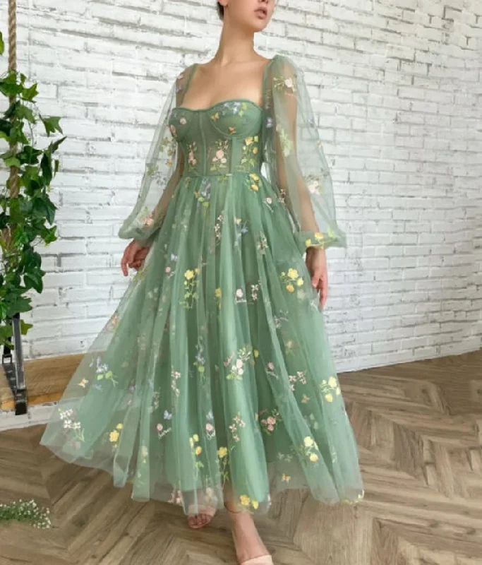 prom dresses with floral embroideryLong Sleeve Lace Green Puff Sleeve Dress Prom Green Tulle Prom /Sweetheart Neckline Dress/Long Sleeves Embroidered Prom Dress/Flower Dress  gh1826