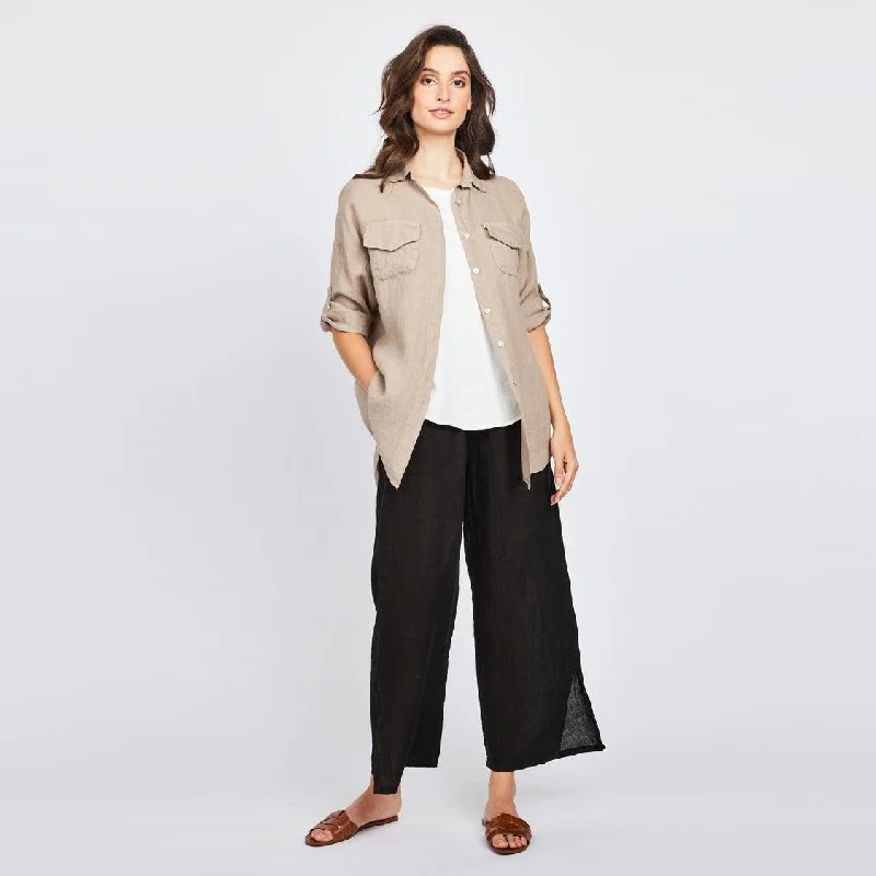 women's bell-bottom pantsPull-On Linen Straight Pants (Black)