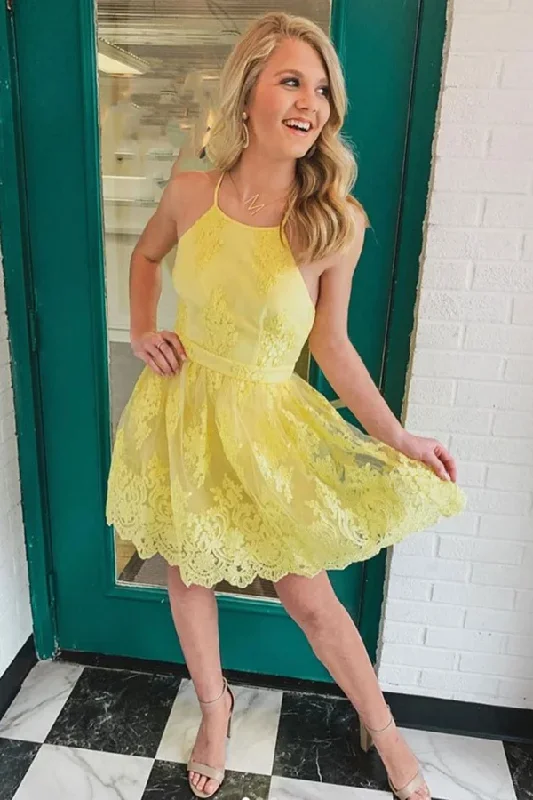 prom dresses with sheer overlaysBackless Short Lace Appliques Prom Dresses,A Line Yellow Graduation Homecoming Dresses,Cocktail Dress  gh1648