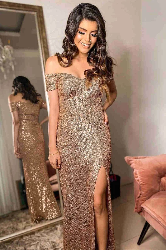 sleeveless prom dressesOff the Shoulder Brown Sequins Prom Dress gh2460