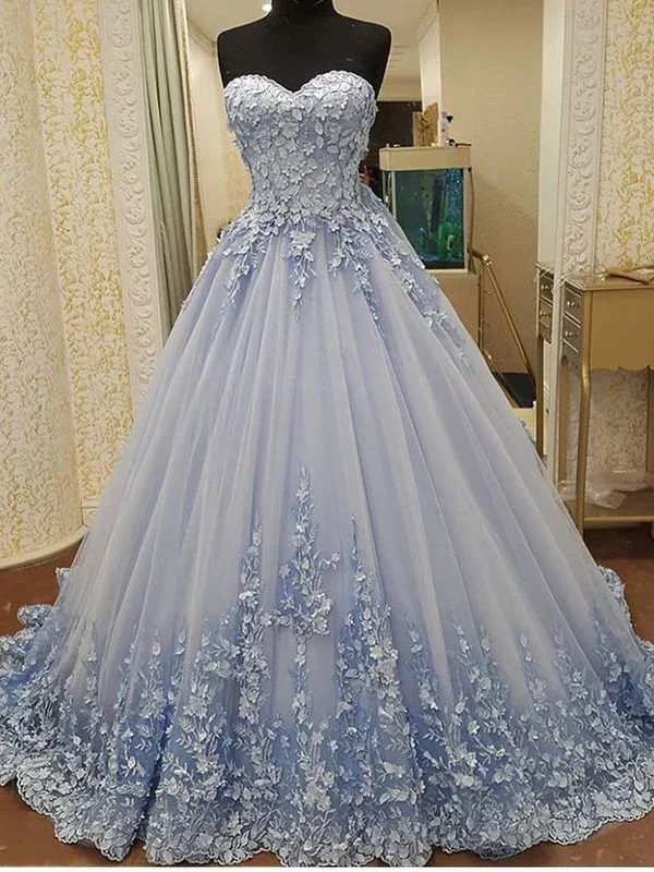 short prom dressesA-line Sweetheart Chapel Train Tulle Appliqued Elegant Prom Dresses gh2089