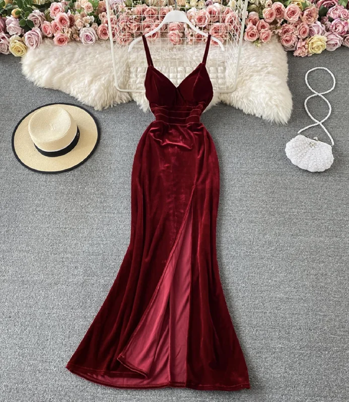 maxi dresses with low necklinesBurgundy velvet long dress  753