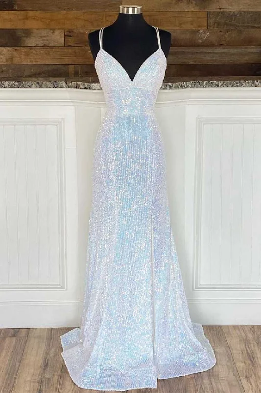 prom dress color trendsSilver Sequin V-Neck Empire Mermaid Long Prom Dress gh2124