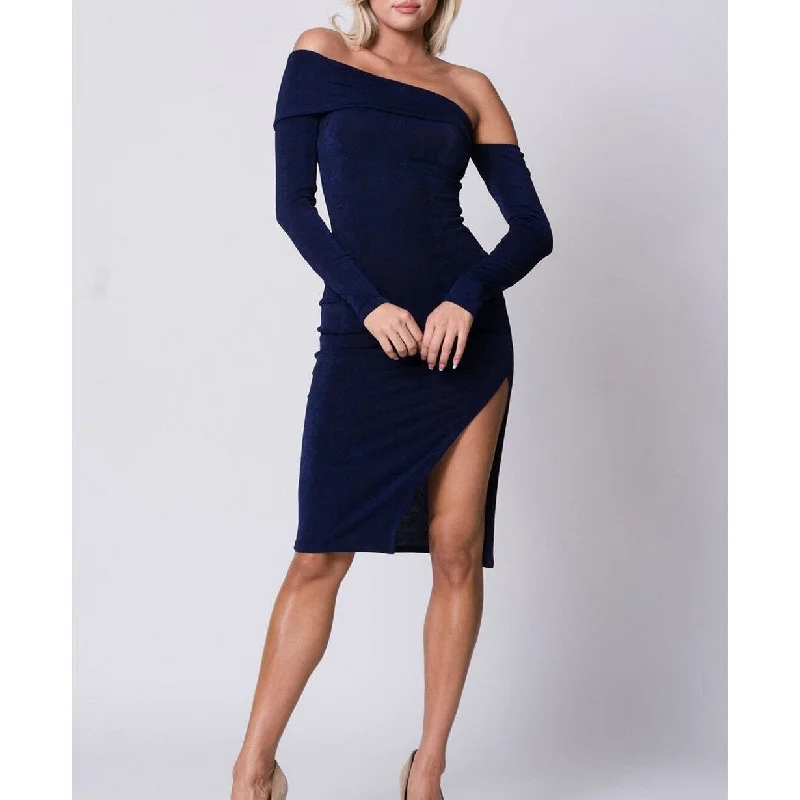 maxi dresses for plus-size bridesLux LA Long Women's Sleeve Off Shoulder Solid Slit Dress Navy Size P - Petite