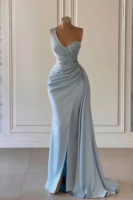 flutter sleeve prom dressesLuxury Sky Blue One-Shoulder Prom Dress Mermaid Split With Ruffles gh2061