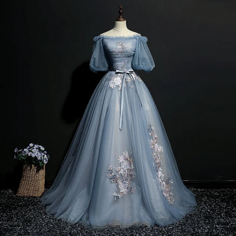 prom dress accessoriesGray blue tulle lace long prom gown, formal dress  7959