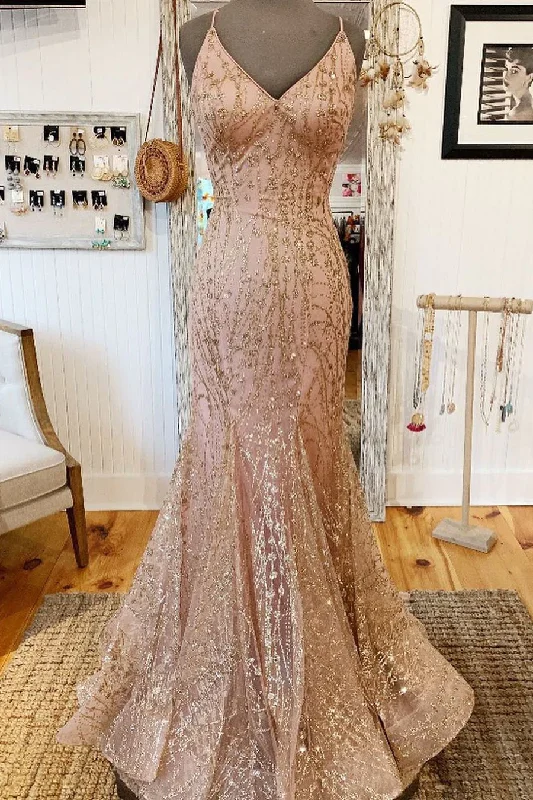 prom dresses for curve-hugging figuresMermaid V-Neck Rose Gold Long Prom Dress with Criss Cross Back gh2408