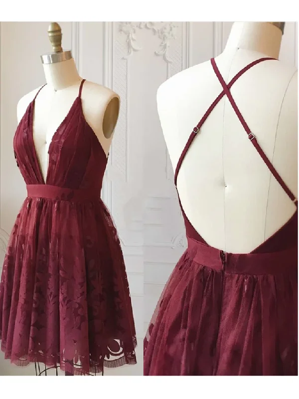 high-slit prom dressesA Line V Neck Short Burgundy Lace Prom Dresses, Short Burgundy Lace Formal Homecoming Dresses gh1740