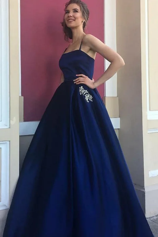 off-the-shoulder prom dressesElegant A-Line Spaghetti Straps Dark Blue Satin Prom Dress with Beading Pockets gh2333