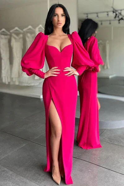 lace-up prom dressesELEGANT BUBBLE SLEEVES SWEETHEART RED SIDE-CUT MERMAID PROM DRESS gh1872