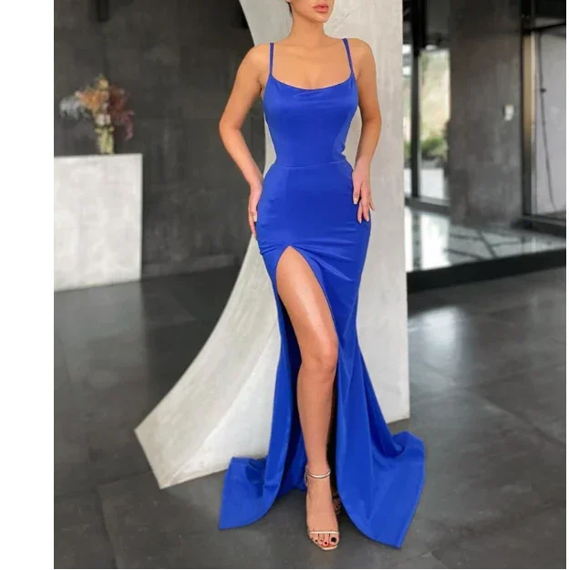 beaded prom dressesSexy Royal Blue Elastic Satin Prom Dresses, Side Slit Prom Dresses  gh2094