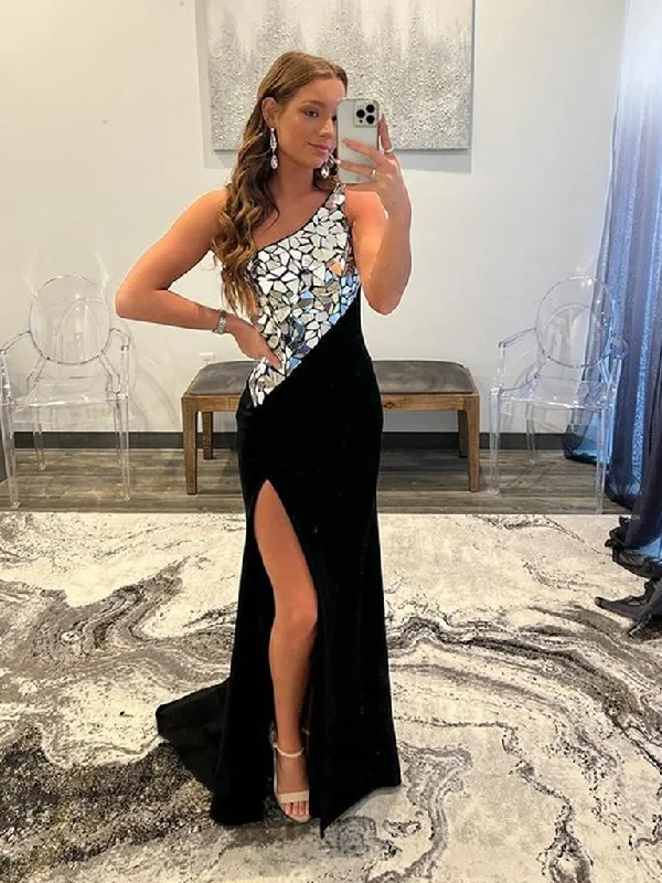 prom dress shopping tipsOne Shoulder Black Mermaid Rhinestone Prom Dresses  gh1802