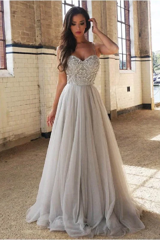 lace-up prom dressesSpaghetti Straps Beaded Bodice Prom Dresses A Line Tulle Sweep Train gh2253