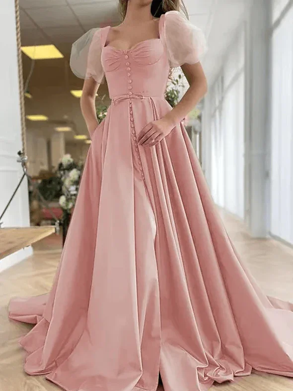 prom dresses for apple shapesA-Line Elegant Vintage Engagement Prom Dress Scoop Neck Short Sleeve Sweep / Brush Train Satin with Pleats Split  gh1841