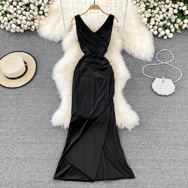 maxi dresses with cold-shoulder cutsV-neck sexy dress high waist slim sleeveless Hip Wrap Dress long dress  11054