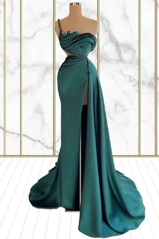 pastel prom dressesChic Emerald Green One Shoulder Prom Dress Mermaid Side Slit gh2048