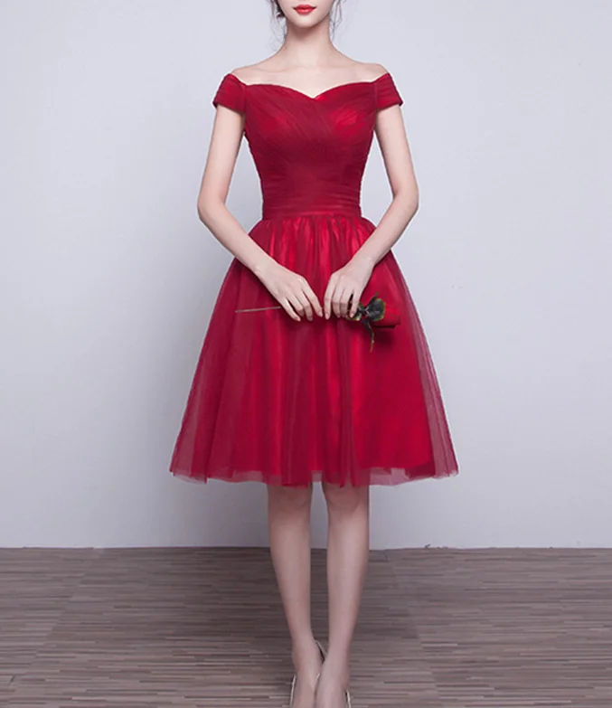 halter prom dressesCute red tulle V-neck short prom dress,homecoming dress  7681