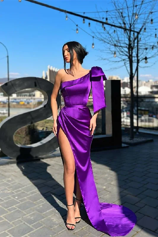 beaded prom dressesDesigner Purple One Shoulder Long Prom Dress With Slit gh2349