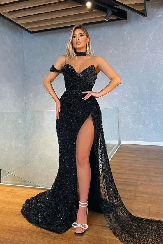 prom dress color trendsSexy Black Sweetheart Mermaid Sequins Prom Dress With Slit  gh2001