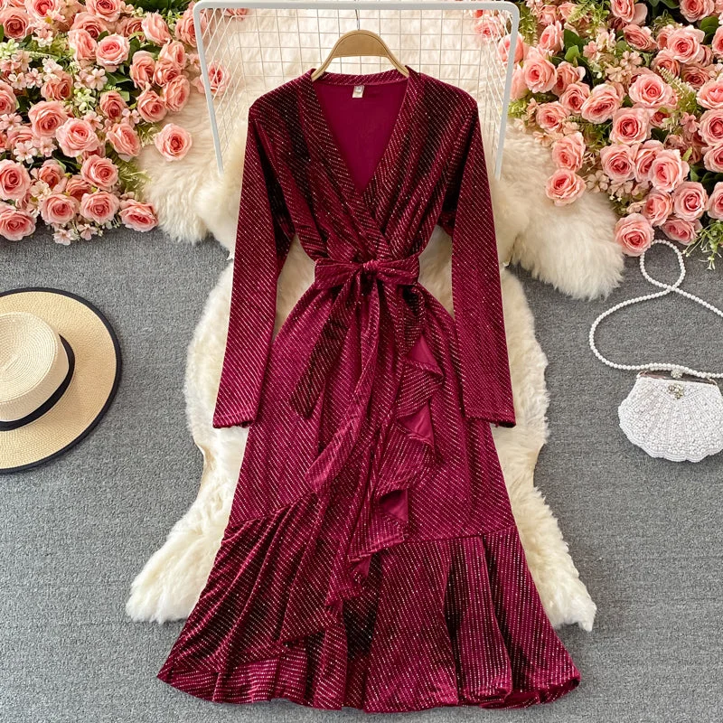 maxi dresses for travelHot diamond V-neck velvet dress fishtail long skirt  3107