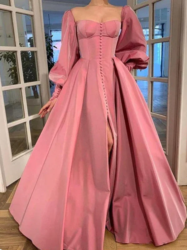 prom dresses for pear shapesSquare Nekline Classic Satin Prom Dresses, Bubble Sleeves Prom Dresses  gh1837