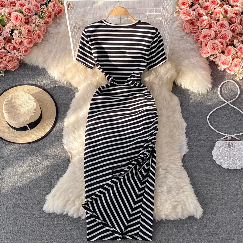 maxi dresses for special occasionsSlim waist casual side drawstring extra long over-the-knee slit striped T-shirt dress  557