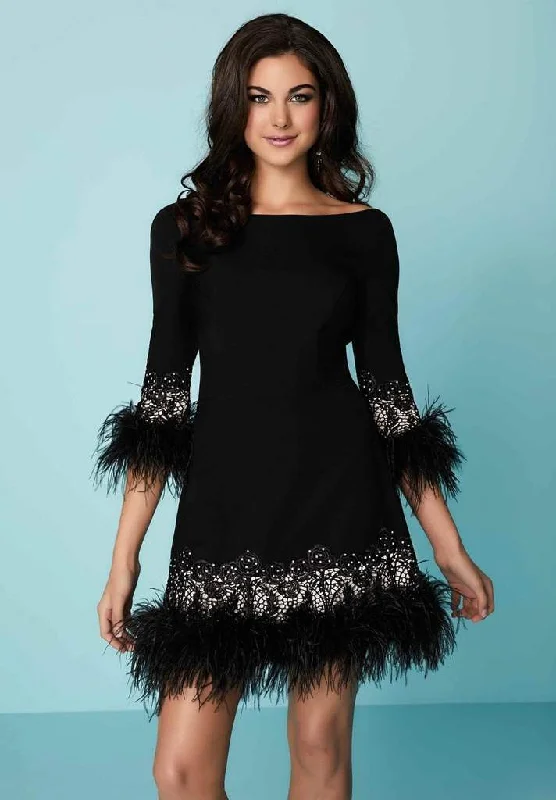 lace party dressesTiffany Homecoming - Embellished Bateau Feathered Sheath Dress 27142 - 1 pc Black/Nude in Size 12 Available