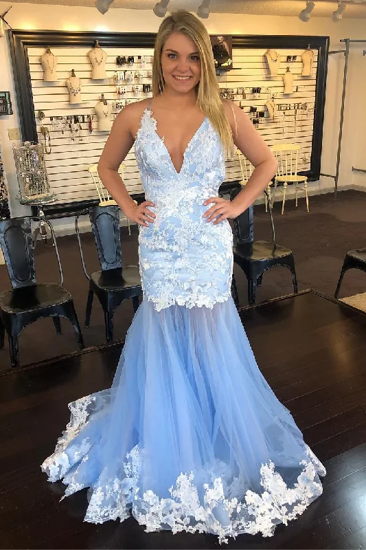 petite prom dressesMermaid V-Neck Lace Appliques Sky Blue Prom Dress  gh2312