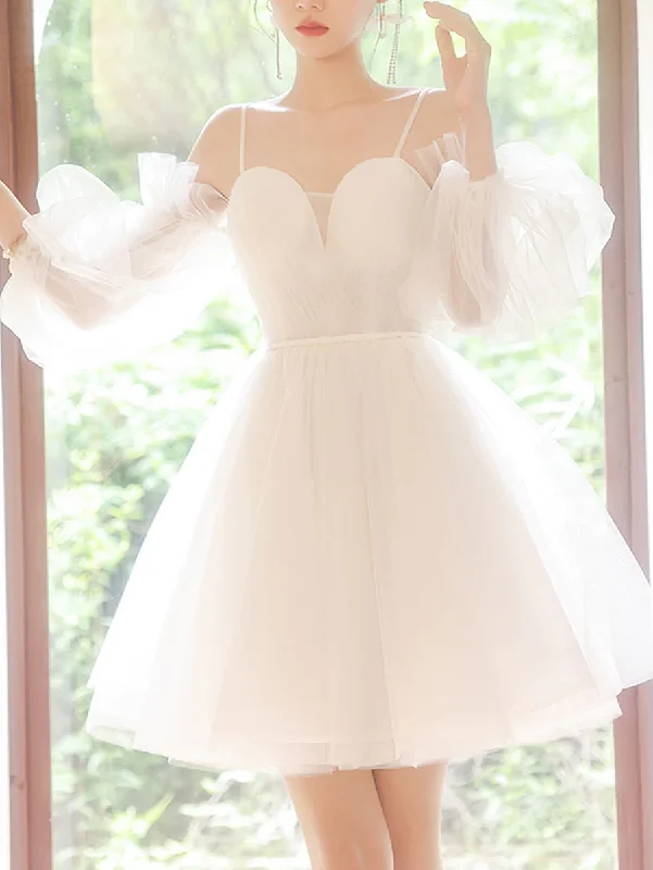 prom dresses for hourglass figuresWhite sweetheart neck tulle short prom dress, cute white homecoming dress gh1680