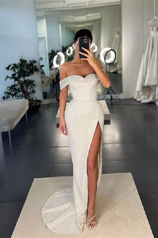 sleeveless prom dressesMermaid White Off-the-Shoulder Sequins Prom Dress With Split  gh2060