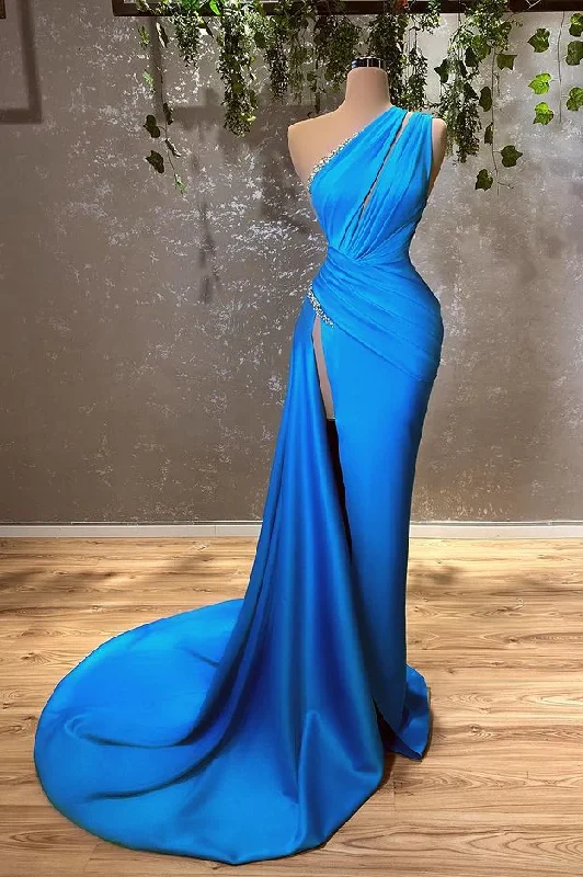 affordable prom dressesSexy Blue One Shoulder Split Mermaid Prom Dress With Beads  gh2052