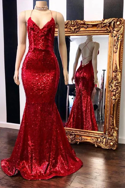 affordable prom dressesSpaghetti Straps Sequins Mermaid Long Red Prom Dress  gh2455