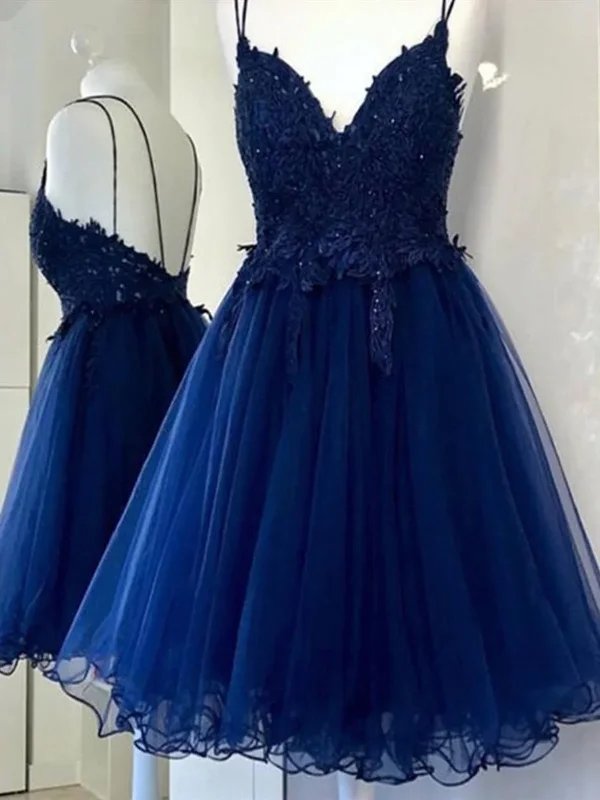 silk prom dressesA Line V Neck Short Blue Prom Dresses, Short Blue Lace Graduation Homecoming Dresses gh1603