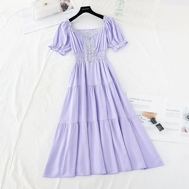 maxi dresses for outdoor weddingsBubble sleeve cotton linen dress lace edge French retro long skirt  4179