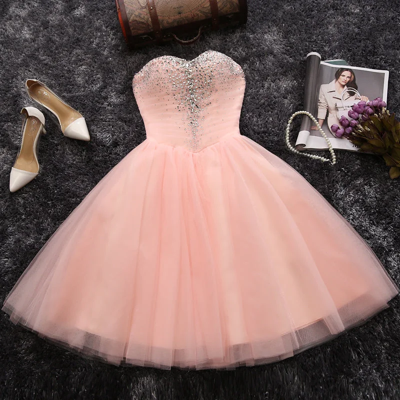 prom dresses with sequin detailingSweetheart A-line pink strapless short prom dress,homecoming dress  7599