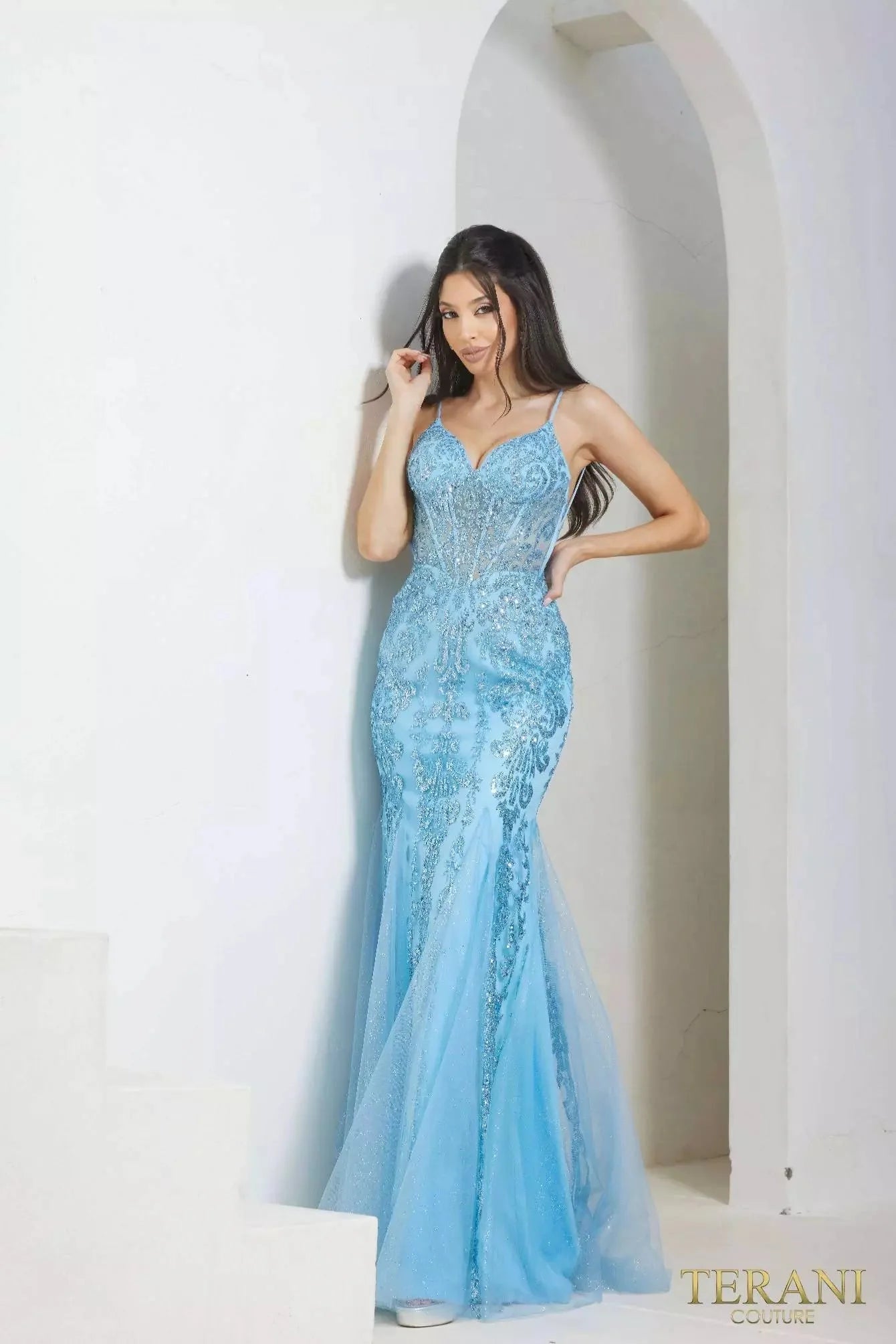 Sleeveless Dress In DenimTerani Couture 241P2294 - Sleeveless Beaded Dress