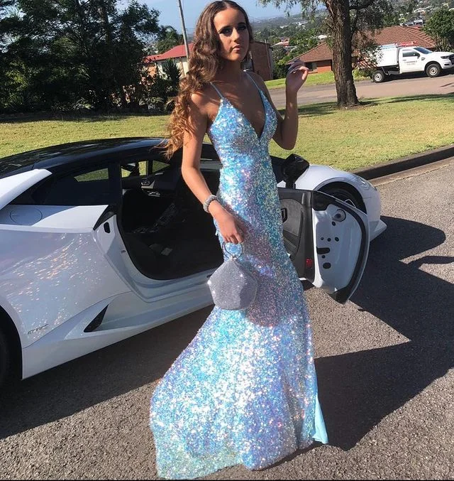 thigh-high slit prom dressesSparkly Mermaid V Neck Light Blue Sequins Long Prom Dresses with Slit gh2239