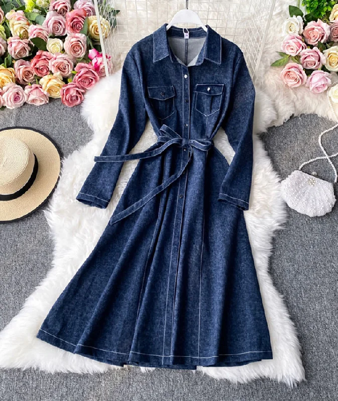 maxi dresses for casual FridaysStylish long-sleeved denim dress women's dress  1057