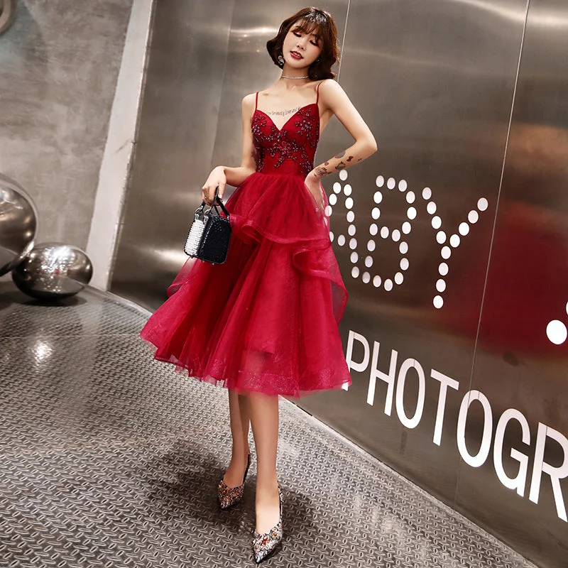 halter neck prom dressesBurgundy tulle lace short prom dress, homecoming dress  8054