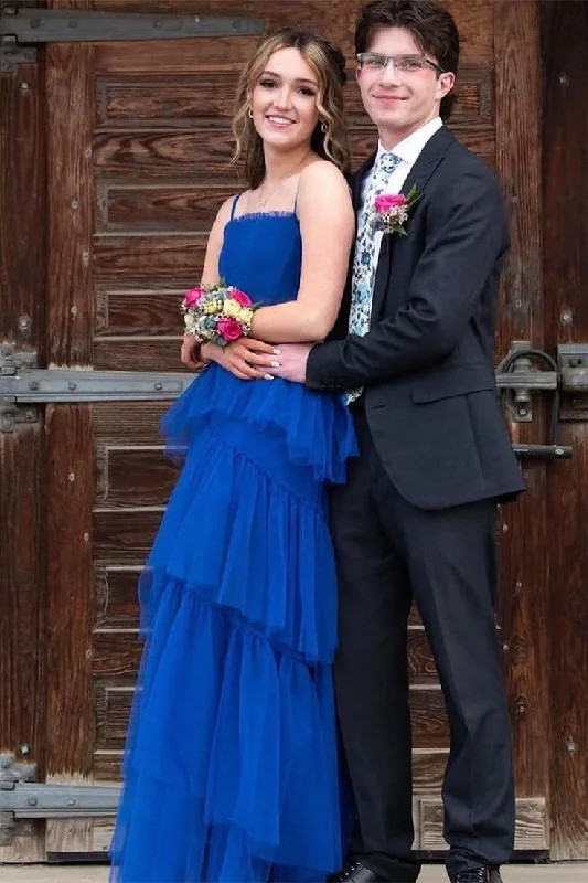 floral maxi dressesPrincess Royal Blue Tulle Tiered Long Dress  gh2904