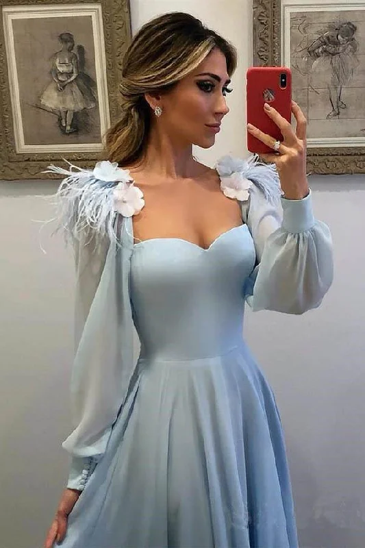 prom dresses with sheer overlaysSky Blue Long Chiffon Prom Dresses With Sleeves Formal Dresses gh2155