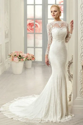 maxi dresses with long sleevesSheath Long Jewel Long-Sleeve Illusion Lace Dress With Appliques