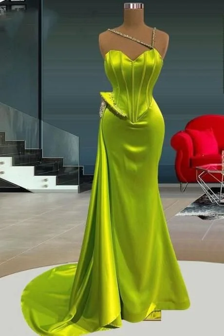 budget-friendly prom dressesStunning Yellow Green Sweetheart Mermaid Prom Dress Long Beads With Ruffles gh1922