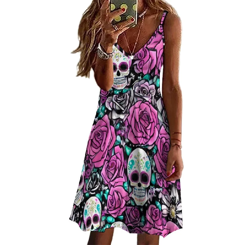 maxi dresses for semi-formal eventsWomen's Skull Pink Floral Long Dress