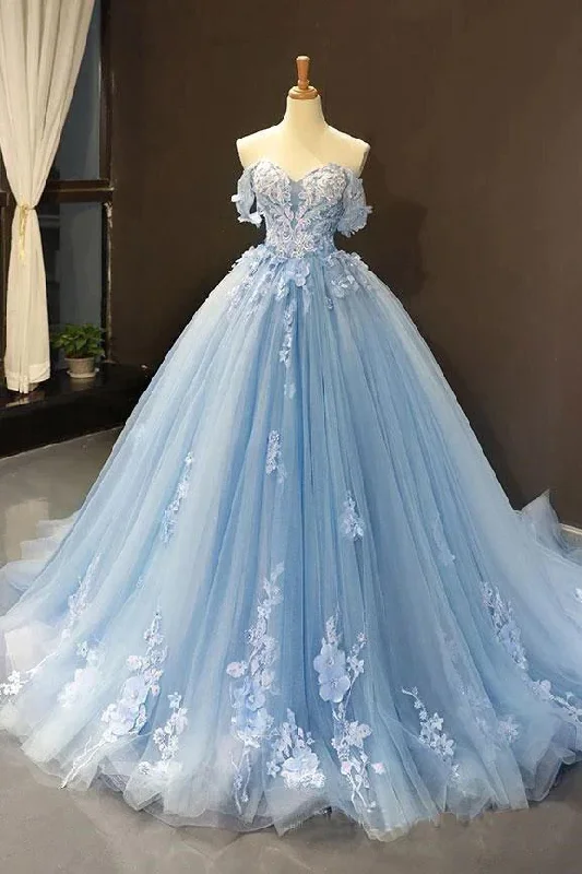 floral prom dressesLight Sky Blue Off The Shoulder Ball Gown Tulle Prom Dress With Applique  gh2282